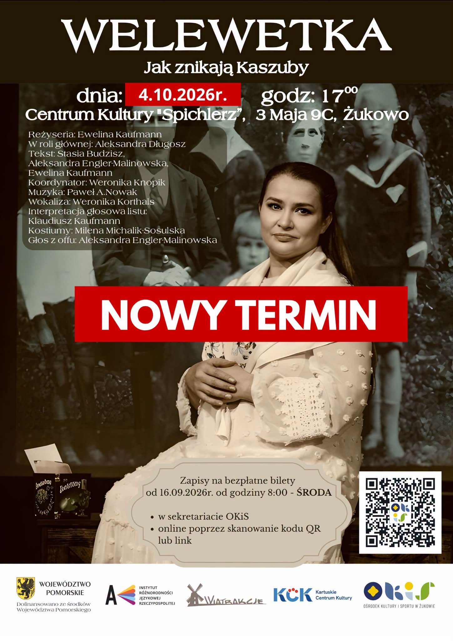 Plakat spektaklu „Welewetka. Jak znikają Kaszuby” w Żukowie — 4 października 2026 roku o godz. 17:00