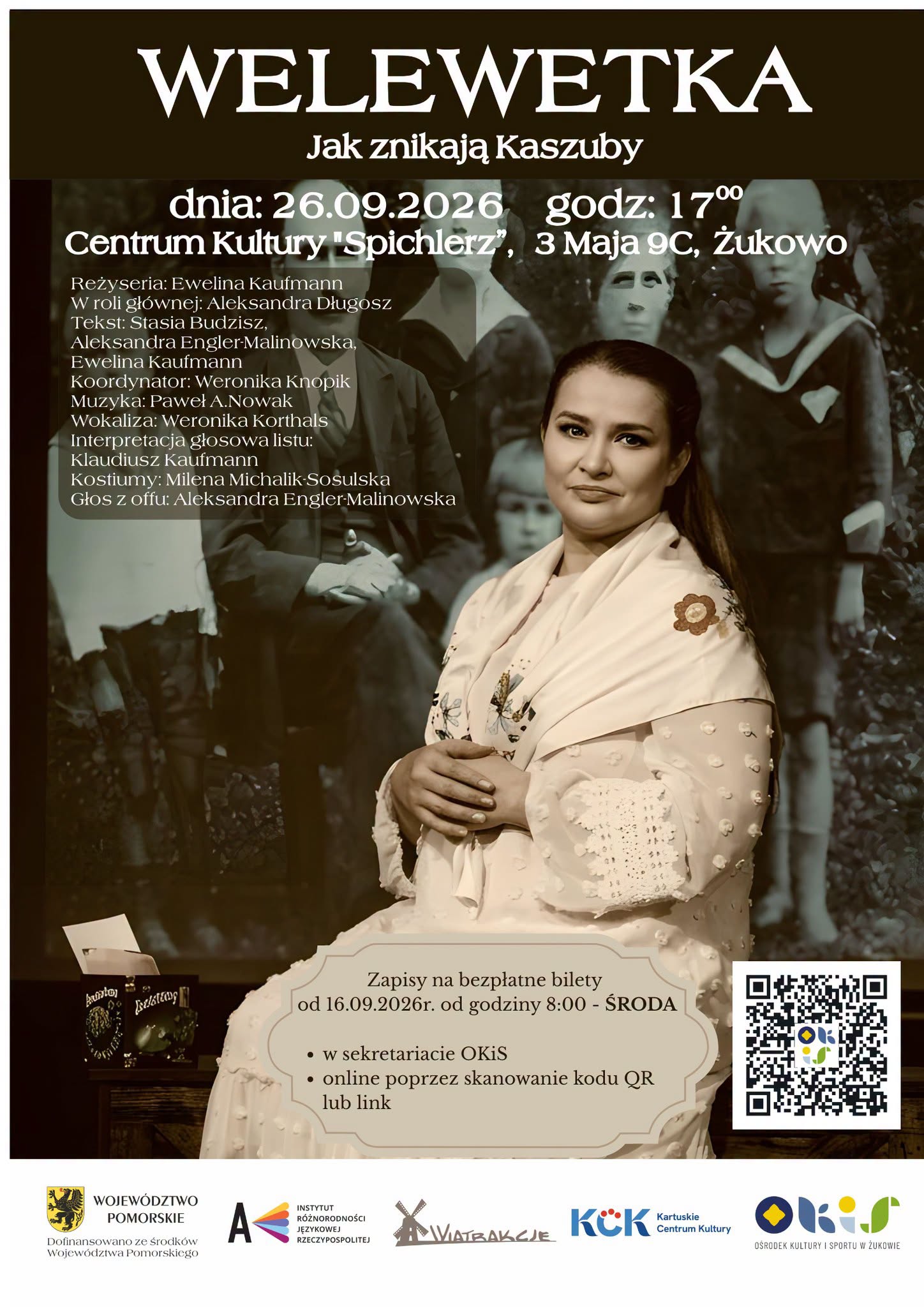 Plakat spektaklu „Welewetka. Jak znikają Kaszuby” w Żukowie — 26 września 2026 roku o godz. 17:00